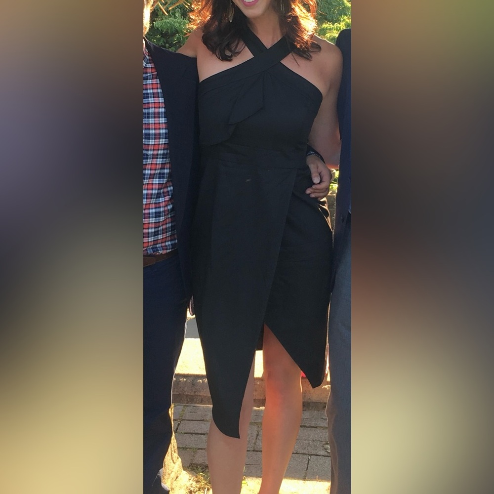 Rachel Roy- Black cross neck dress, asymmetrical bottom, great for a wedding !